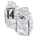 Kooe B.Ravens #14 Kyle Hamilton Player Arctic Camo Salute to Service Pullover Hoodie Stitched Jerseys