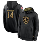 Kooe B.Ravens #14 Kyle Hamilton Player Black Salute to Service Pullover Hoodie Stitched Jerseys