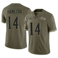 Kooe B.Ravens #14 Kyle Hamilton Player Olive Salute To Service Game Stitched Jerseys