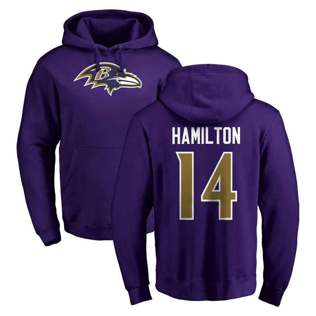 Kooe B.Ravens #14 Kyle Hamilton Player Purple Salute to Service Pullover Hoodie Stitched Jerseys