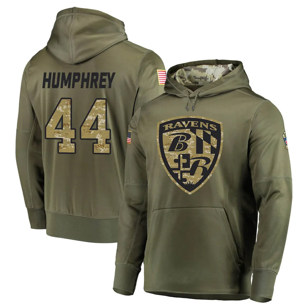 Kooe B.Ravens #44 Marlon Humphrey Player Olive Salute to Service Pullover Hoodie Stitched Jerseys