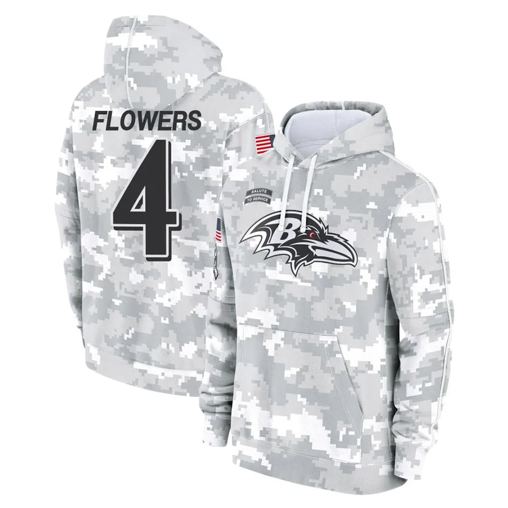 Kooe B.Ravens #4 Zay Flowers Player Arctic Camo Salute to Service Pullover Hoodie Stitched Jerseys