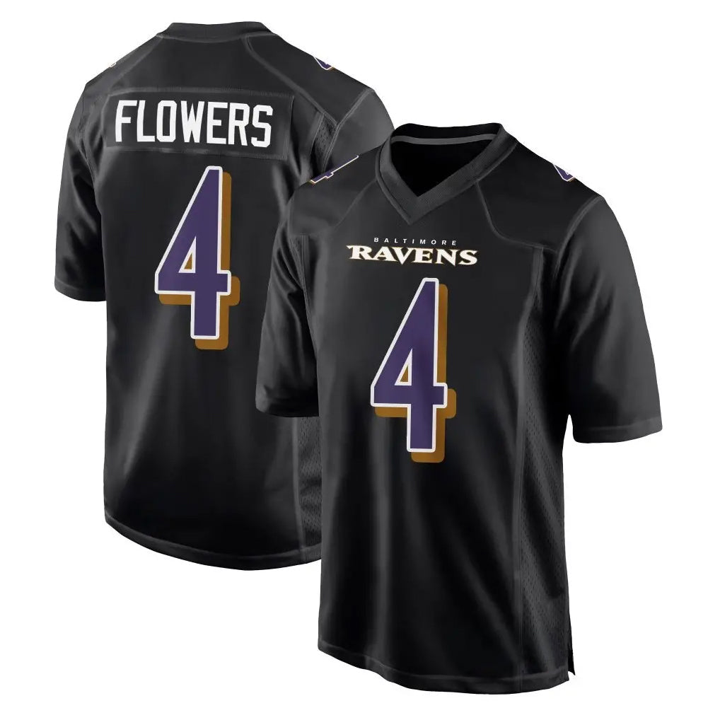 Kooe B.Ravens #4 Zay Flowers Player Black Carbon Fashion Home Game Stitched Jerseys