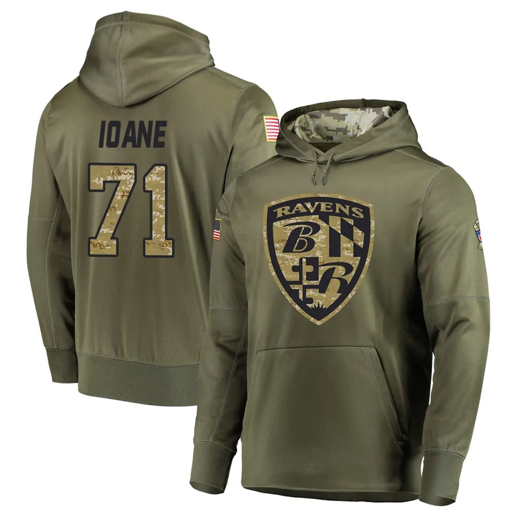 Kooe B.Ravens #71 Olaivavega Ioane Player Olive Salute to Service Pullover Hoodie Stitched Jerseys