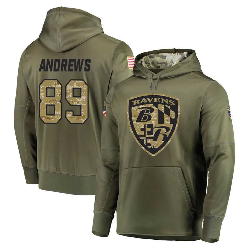 Kooe B.Ravens #89 Mark Andrews Ioane Player Olive Salute to Service Pullover Hoodie Stitched Jerseys
