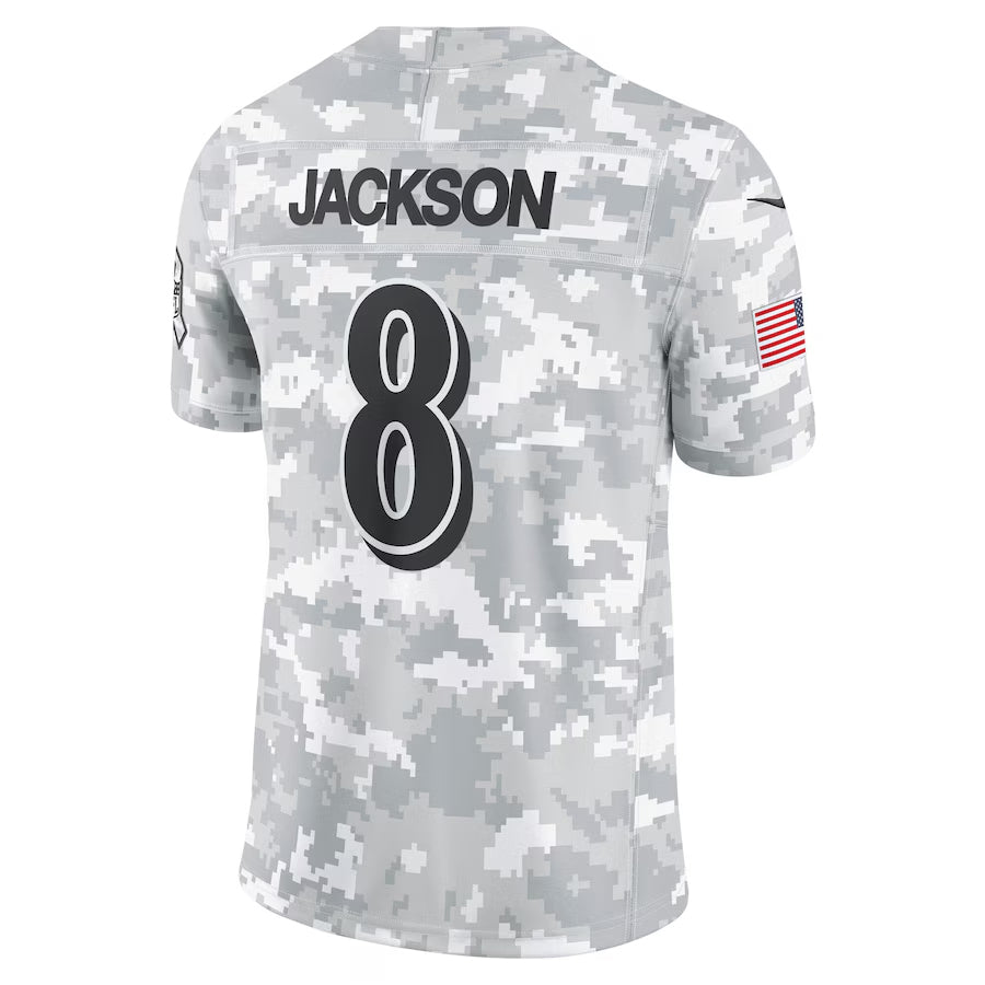 Kooe B.Ravens #8 Lamar Jackson Player Arctic Camo Salute to Service Limited Stitched Jerseys