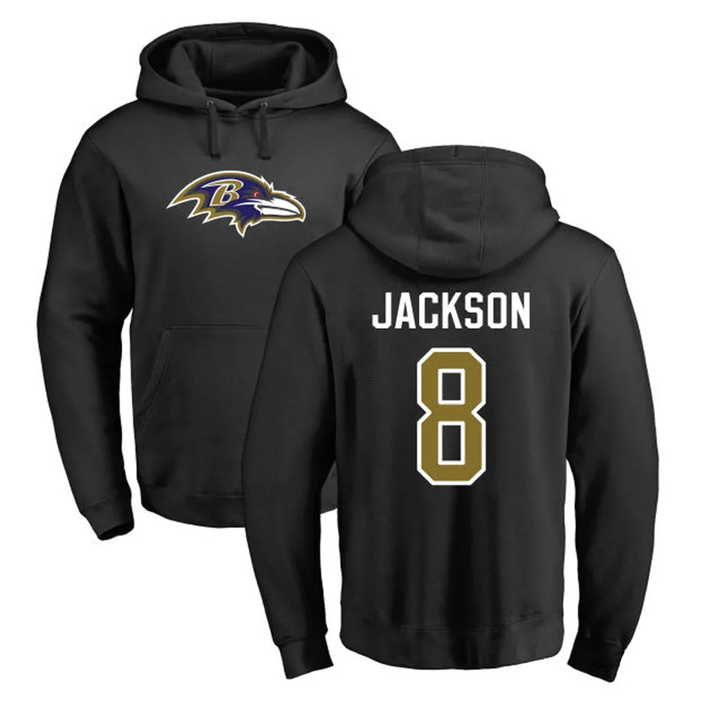 Kooe B.Ravens #8 Lamar Jackson Player Black Pullover Hoodie Stitched Jerseys