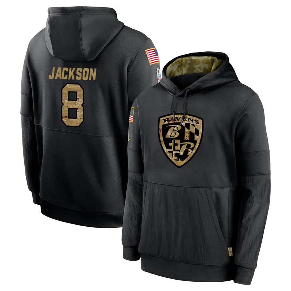 Kooe B.Ravens #8 Lamar Jackson Player Black Salute to Service Pullover Hoodie Stitched Jerseys