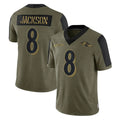 Kooe B.Ravens #8 Lamar Jackson Player Olive Salute To Service Limited Game Stitched Jerseys