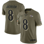 Kooe B.Ravens #8 Lamar Jackson Player Olive Salute To Service Stitched Jerseys