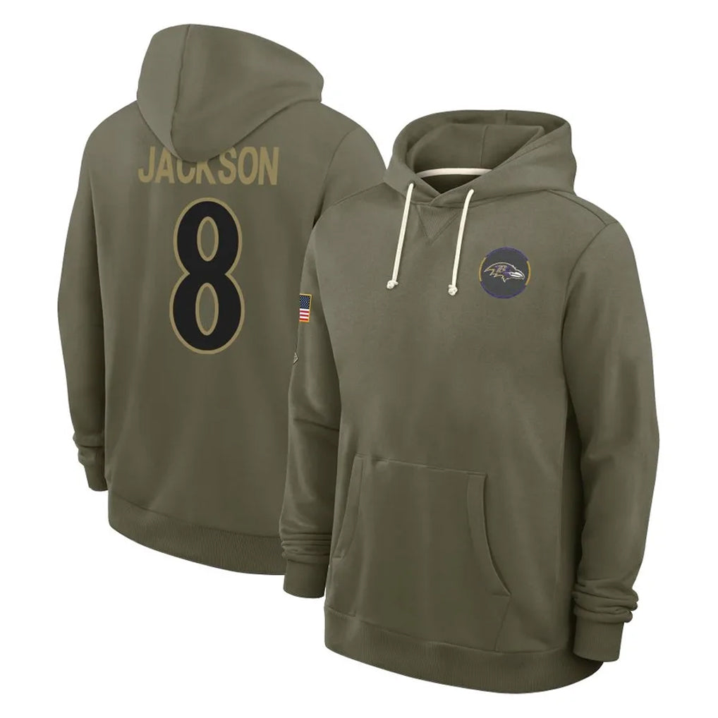 Kooe B.Ravens #8 Lamar Jackson Player Olive Salute to Service Hoodie Stitched Jerseys