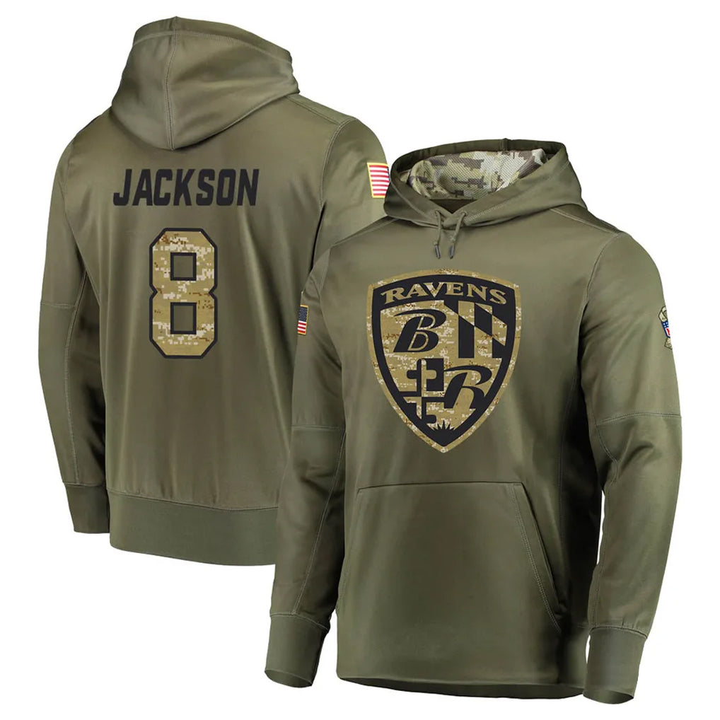 Kooe B.Ravens #8 Lamar Jackson Player Olive Salute to Service Pullover Hoodie Stitched Jerseys