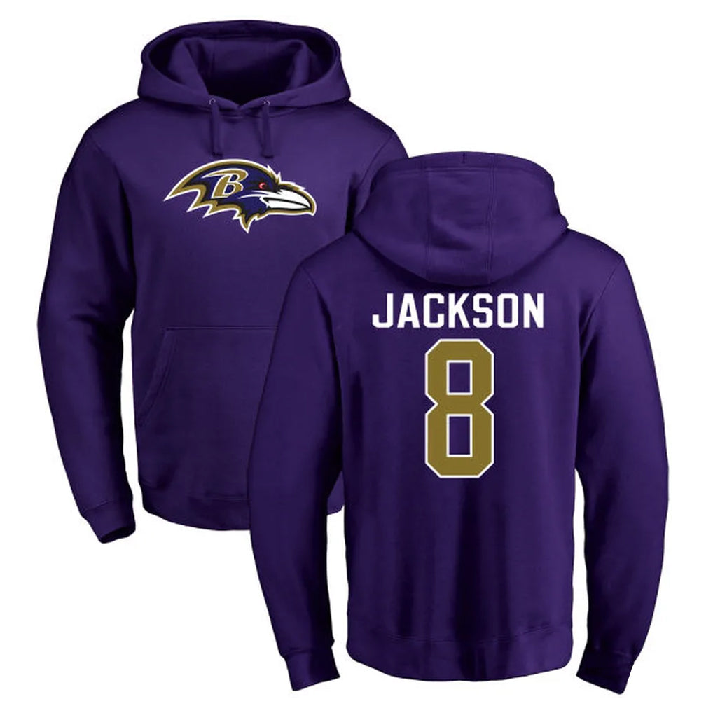 Kooe B.Ravens #8 Lamar Jackson Player Purple Salute to Service Pullover Hoodie Stitched Jerseys