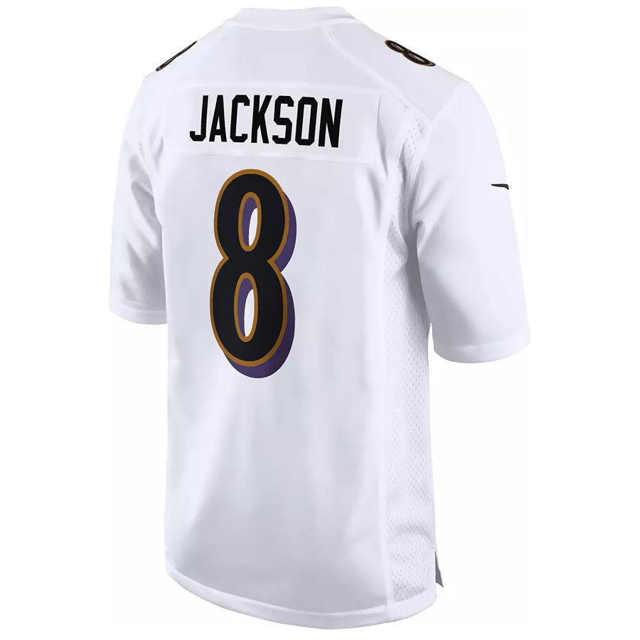Kooe B.Ravens #8 Lamar Jackson Player White Fashion Replica Stitched Jerseys