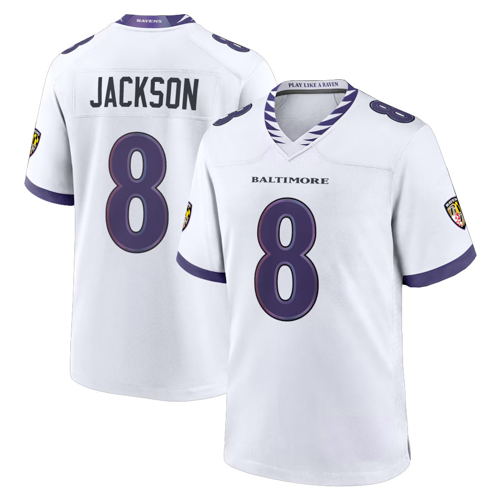 Kooe B.Ravens #8 Lamar Jackson Player White Home Game Stitched Jerseys