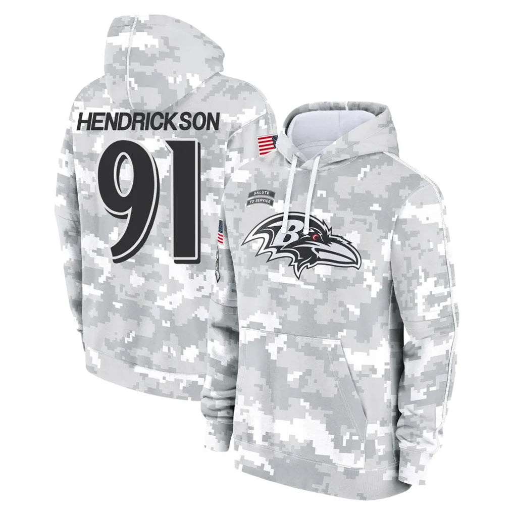 Kooe B.Ravens #91 Trey Hendrickson Player Arctic Camo Salute To Service Hoodie Stitched Jerseys