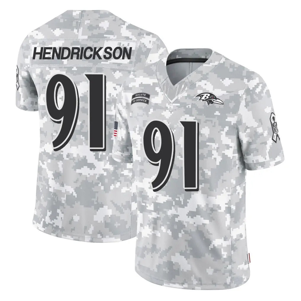 Kooe B.Ravens #91 Trey Hendrickson Player Arctic Camo Salute to Service Limited Stitched Jerseys