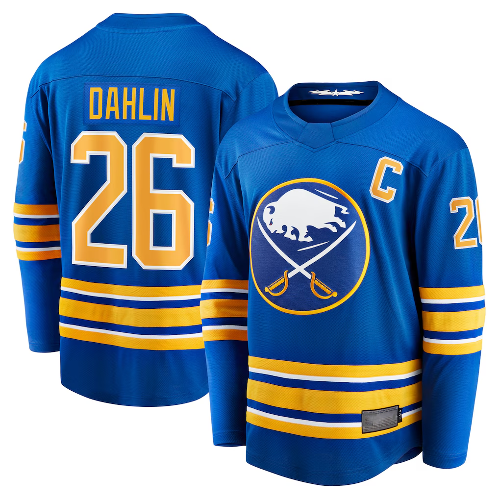 Kooe B.Sabres #26 Rasmus Dahlin Royal Home Captain Patch Breakaway Stitched Jerseys