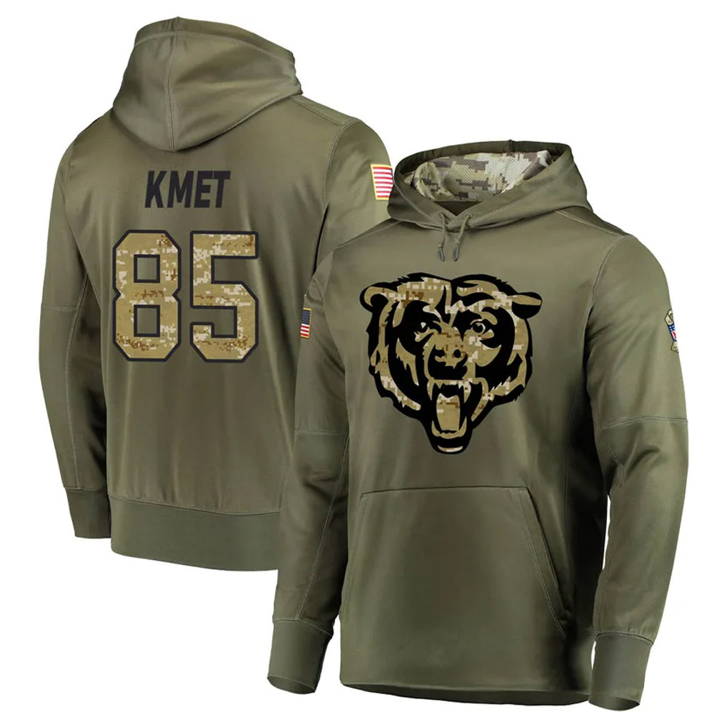 Kooe C.Bears #85 Cole Kmet Player Olive Salute to Service Pullover Hoodies Home Game Stitched Jerseys