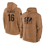Kooe C.Bengals #16 Joe Flacco Player Brown Salute to Service Pullover Hoodie Limited Stitched Jerseys