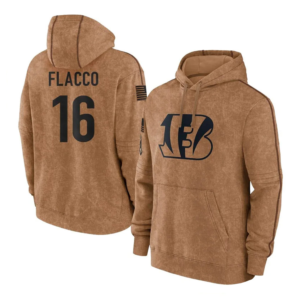 Kooe C.Bengals #16 Joe Flacco Player Brown Salute to Service Pullover Hoodie Limited Stitched Jerseys