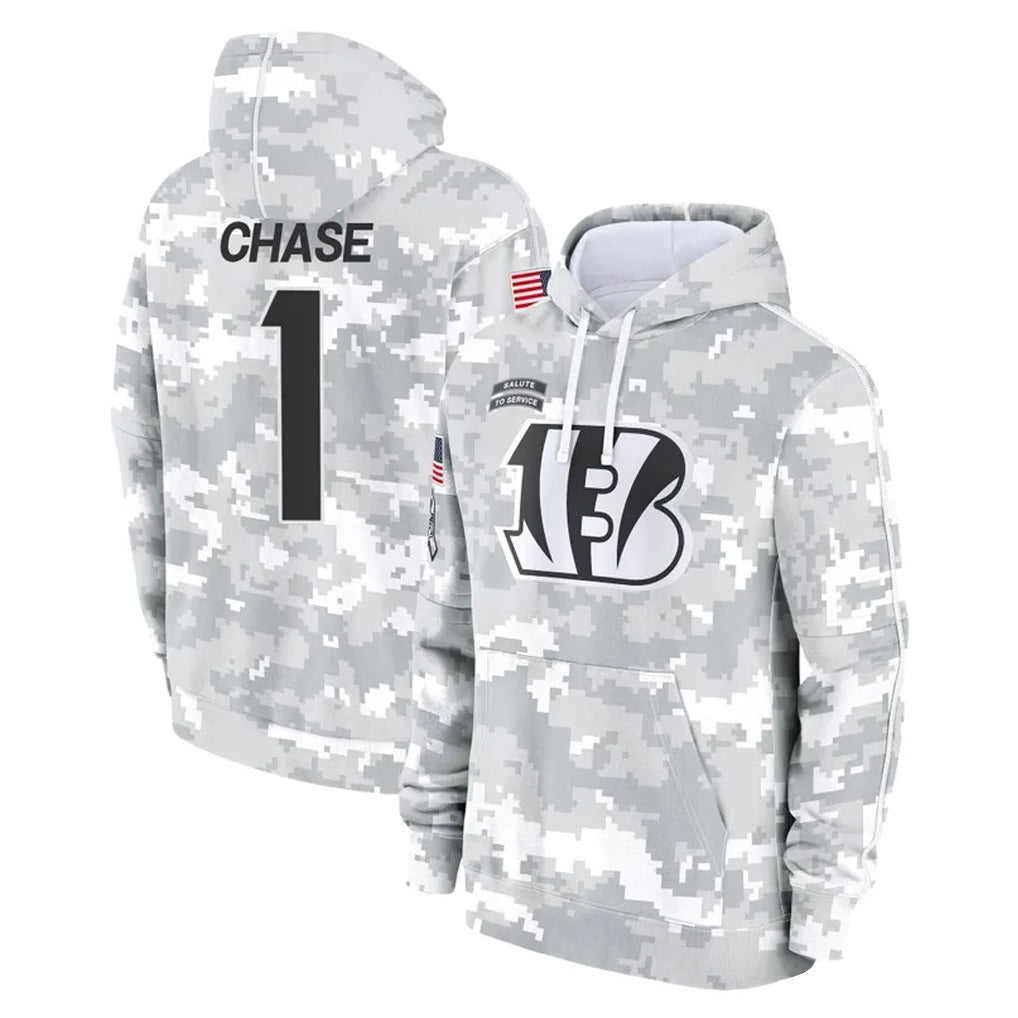 Kooe C.Bengals #1 Ja'Marr Chase Player Arctic Camo Salute to Service Pullover Hoodie Limited Stitched Jerseys