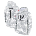 Kooe C.Bengals #1 Ja'Marr Chase Player Arctic Camo Salute to Service Pullover Hoodie Limited Stitched Jerseys