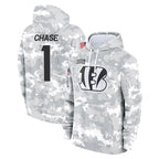 Kooe C.Bengals #1 Ja'Marr Chase Player Arctic Camo Salute to Service Pullover Hoodie Limited Stitched Jerseys