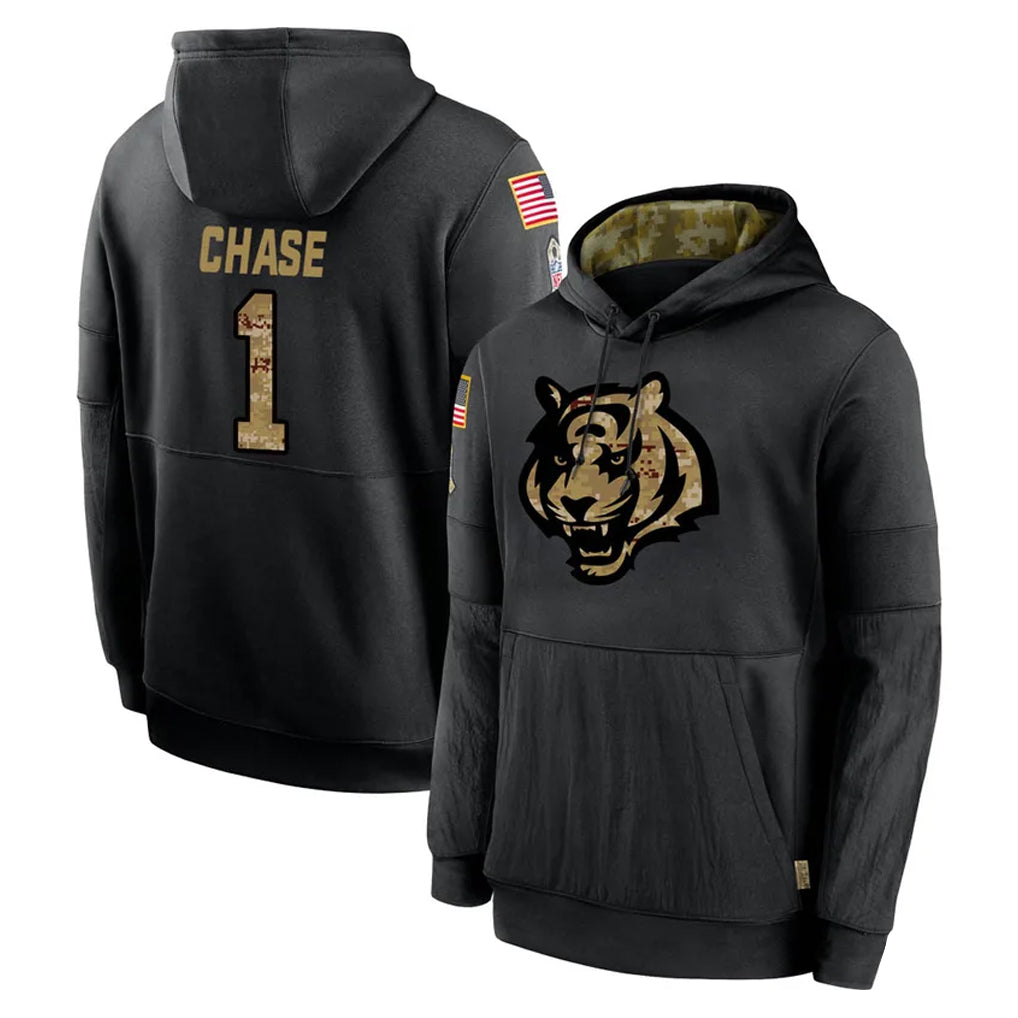 Kooe C.Bengals #1 Ja'Marr Chase Player Black Salute to Service Pullover Hoodies Limited Stitched Jerseys