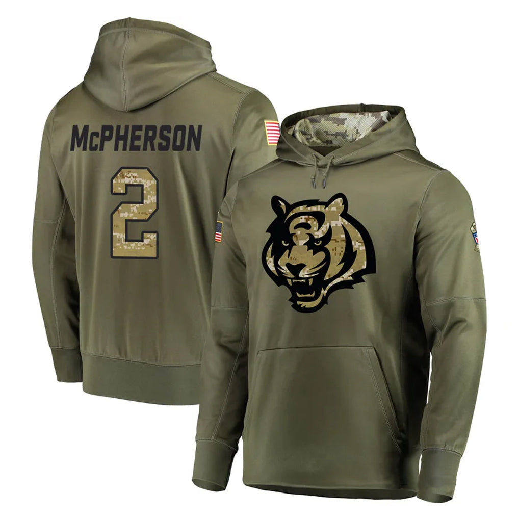 Kooe C.Bengals #2 Evan McPherson Player Olive Salute to Service Pullover Hoodies Home Game Stitched Jerseys