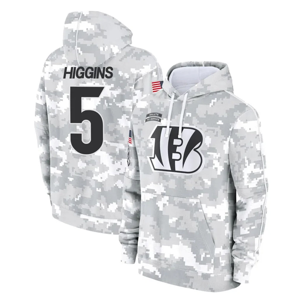 Kooe C.Bengals #5 Tee Higgins Player Arctic Camo Salute to Service Pullover Hoodie Limited Stitched Jerseys