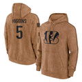 Kooe C.Bengals #5 Tee Higgins Player Brown Salute to Service Pullover Hoodie Limited Stitched Jerseys