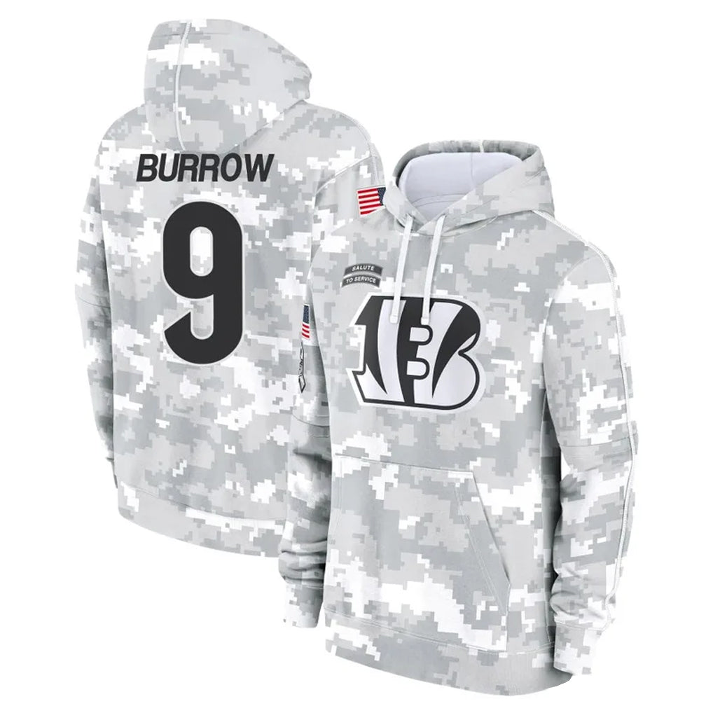 Kooe C.Bengals #9 Joe Burrow Player Arctic Camo Salute to Service Pullover Hoodie Stitched Jerseys