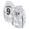 Kooe C.Bengals #9 Joe Burrow Player Arctic Camo Salute to Service Pullover Hoodie Stitched Jerseys