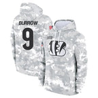 Kooe C.Bengals #9 Joe Burrow Player Arctic Camo Salute to Service Pullover Hoodie Stitched Jerseys