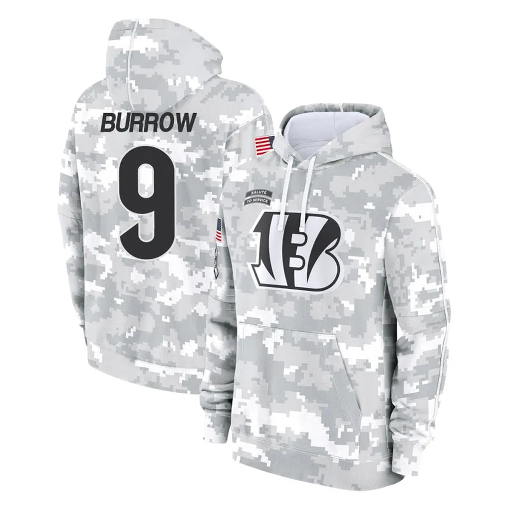 Kooe C.Bengals #9 Joe Burrow Player Arctic Camo Salute to Service Pullover Hoodie Limited Stitched Jerseys