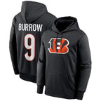 Kooe C.Bengals #9 Joe Burrow Player Black Salute to Service Pullover Hoodies Game Stitched Jerseys