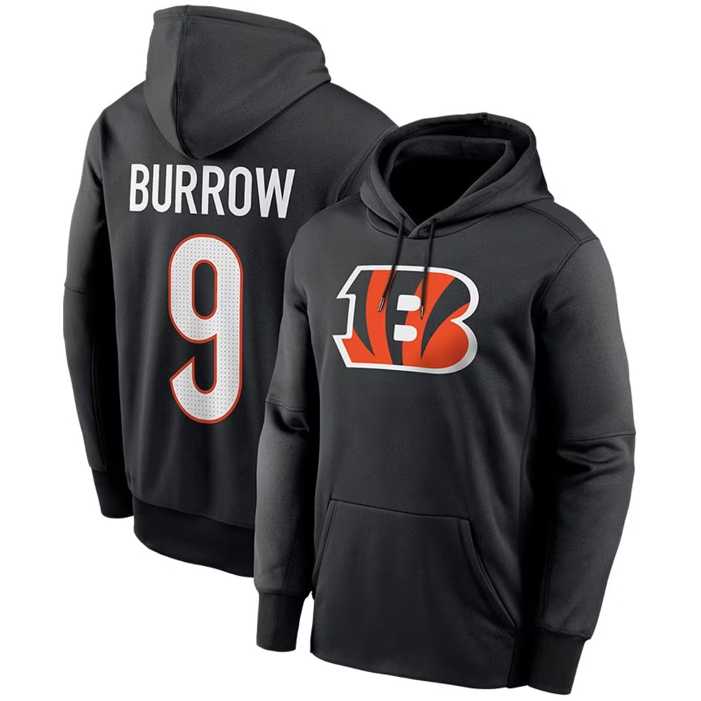 Kooe C.Bengals #9 Joe Burrow Player Black Salute to Service Pullover Hoodies Game Stitched Jerseys