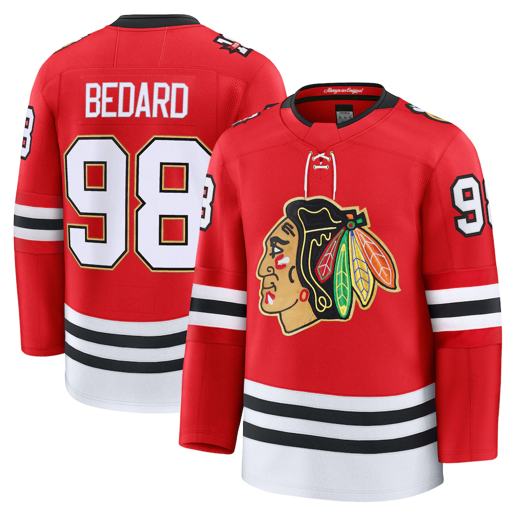 Kooe C.Blackhawks #98 Connor Bedard Red Centennial Premium Player Jerseys