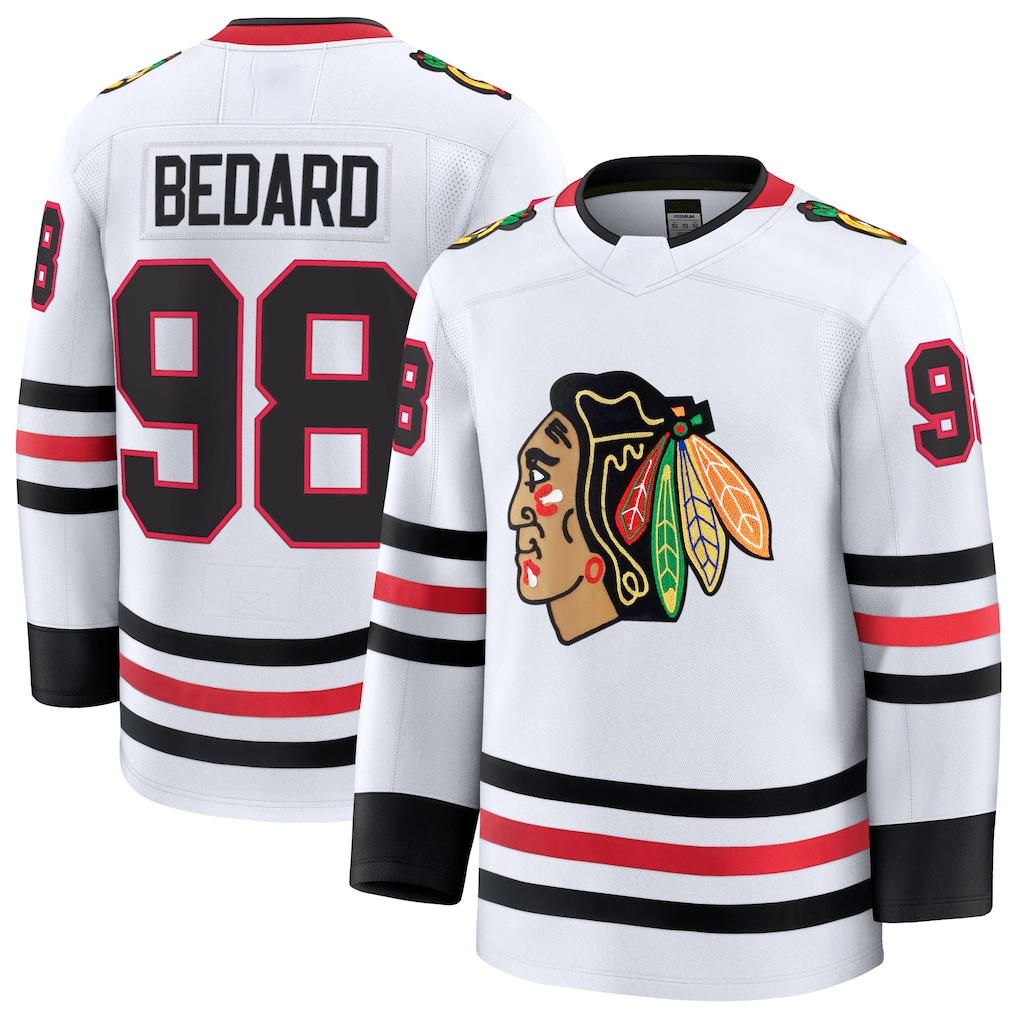 Kooe C.Blackhawks #98 Connor Bedard White Away Premium Jerseys