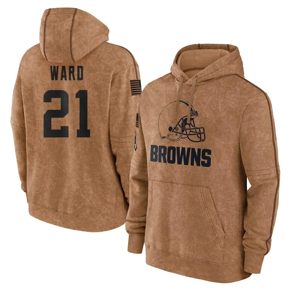 Kooe C.Browns #21 Denzel Ward Player Brown Salute to Service Hoodies Limited Game Stitched Jerseys
