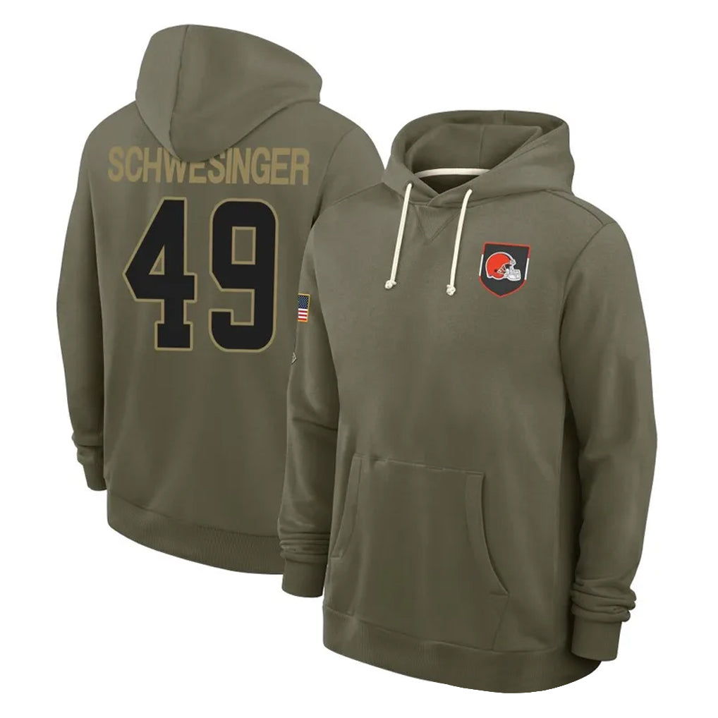 Kooe C.Browns #49 Carson Schwesinger Player Olive Salute to Service Pullover Hoodies Limited Stitched Jerseys