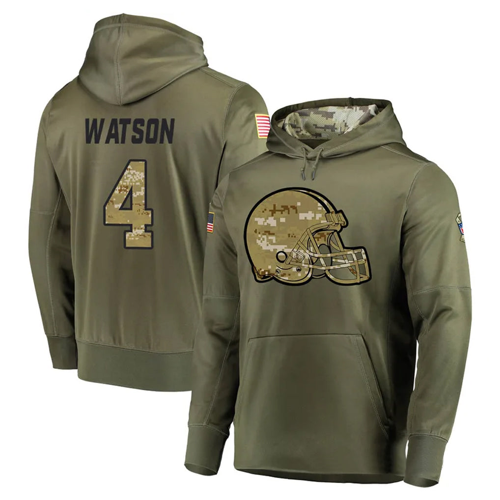 Kooe C.Browns #4 Deshaun Watson Player Olive Salute to Service Pullover Hoodies Home Game Stitched Jerseys
