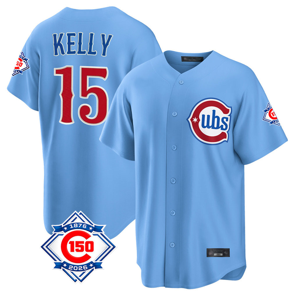 Kooe C.Cubs #15 Carson Kelly Player Light Blue 150th Anniversary Home Game Stitched Jerseys
