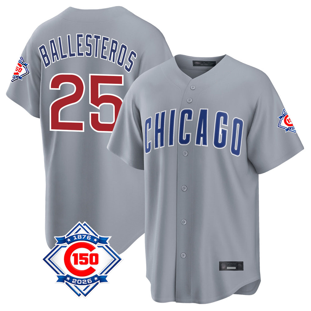 Kooe C.Cubs #25 Mois¨¦s Ballesteros Player Gray 150th Anniversary Home Game Stitched Jerseys