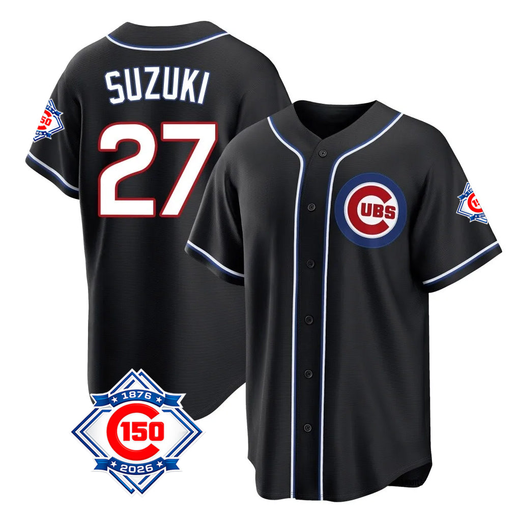 Kooe C.Cubs #27 Seiya Suzuki Player Black Fashion Out 150th Anniversary Game Stitched Jerseys
