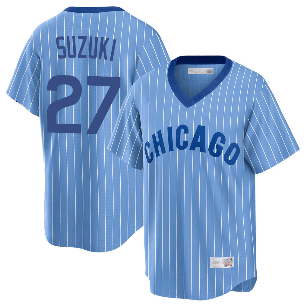 Kooe C.Cubs #27 Seiya Suzuki Player Blue T-shirt Cooperstown Collection Limited Stitched Jerseys