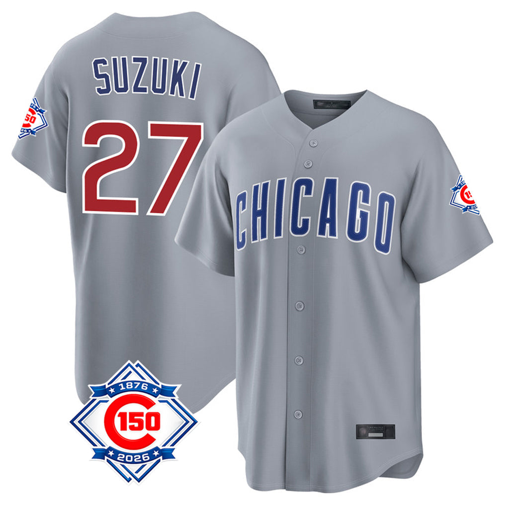 Kooe C.Cubs #27 Seiya Suzuki Player Gray 150th Anniversary Home Game Stitched Jerseys