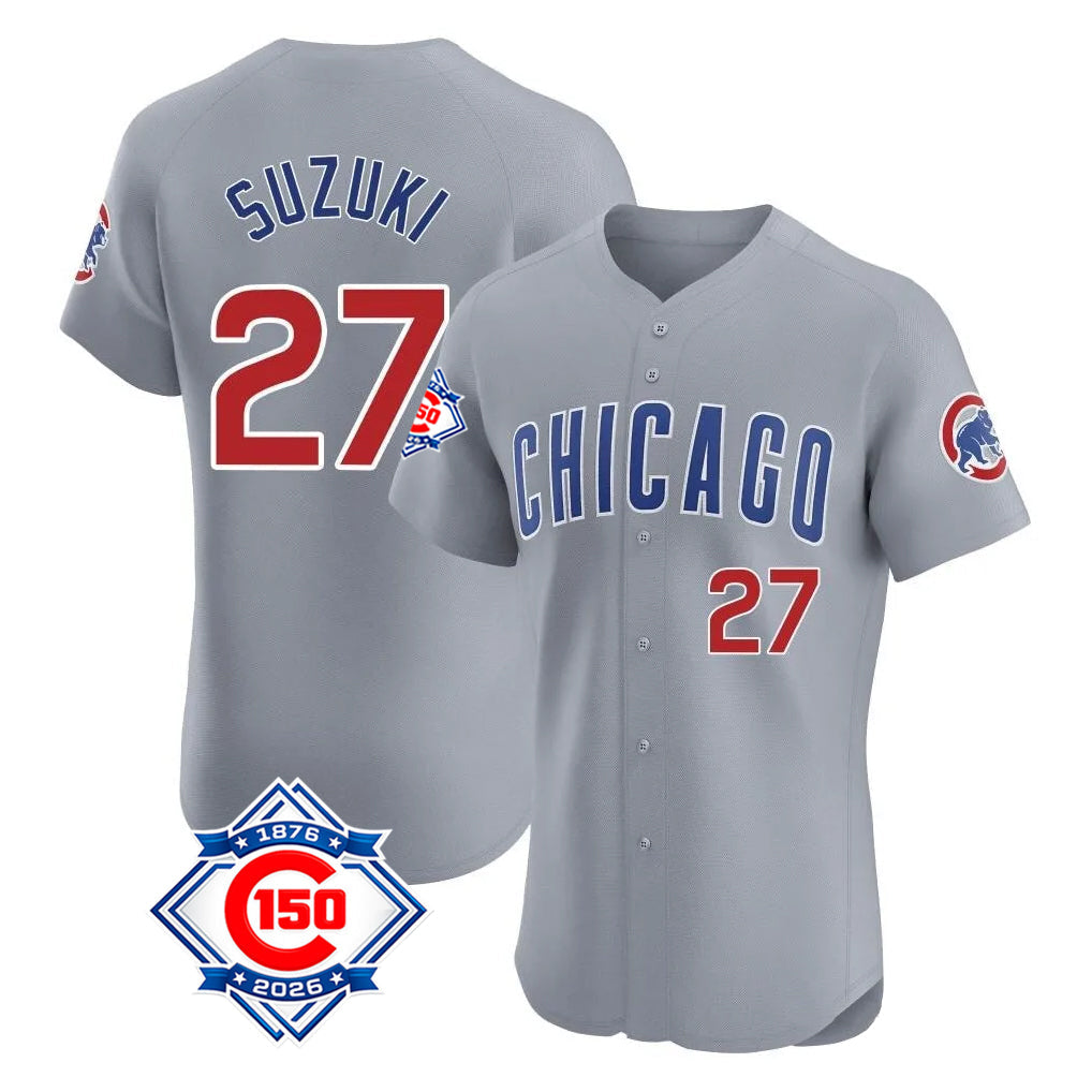 Kooe C.Cubs #27 Seiya Suzuki Player Gray Road 150th Anniversary Limited Elite Home Stitched Jerseys
