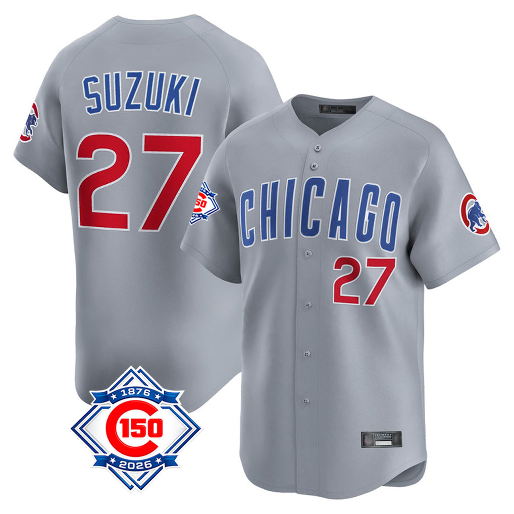 Kooe C.Cubs #27 Seiya Suzuki Player Gray Road 150th Anniversary Limited Home Stitched Jerseys